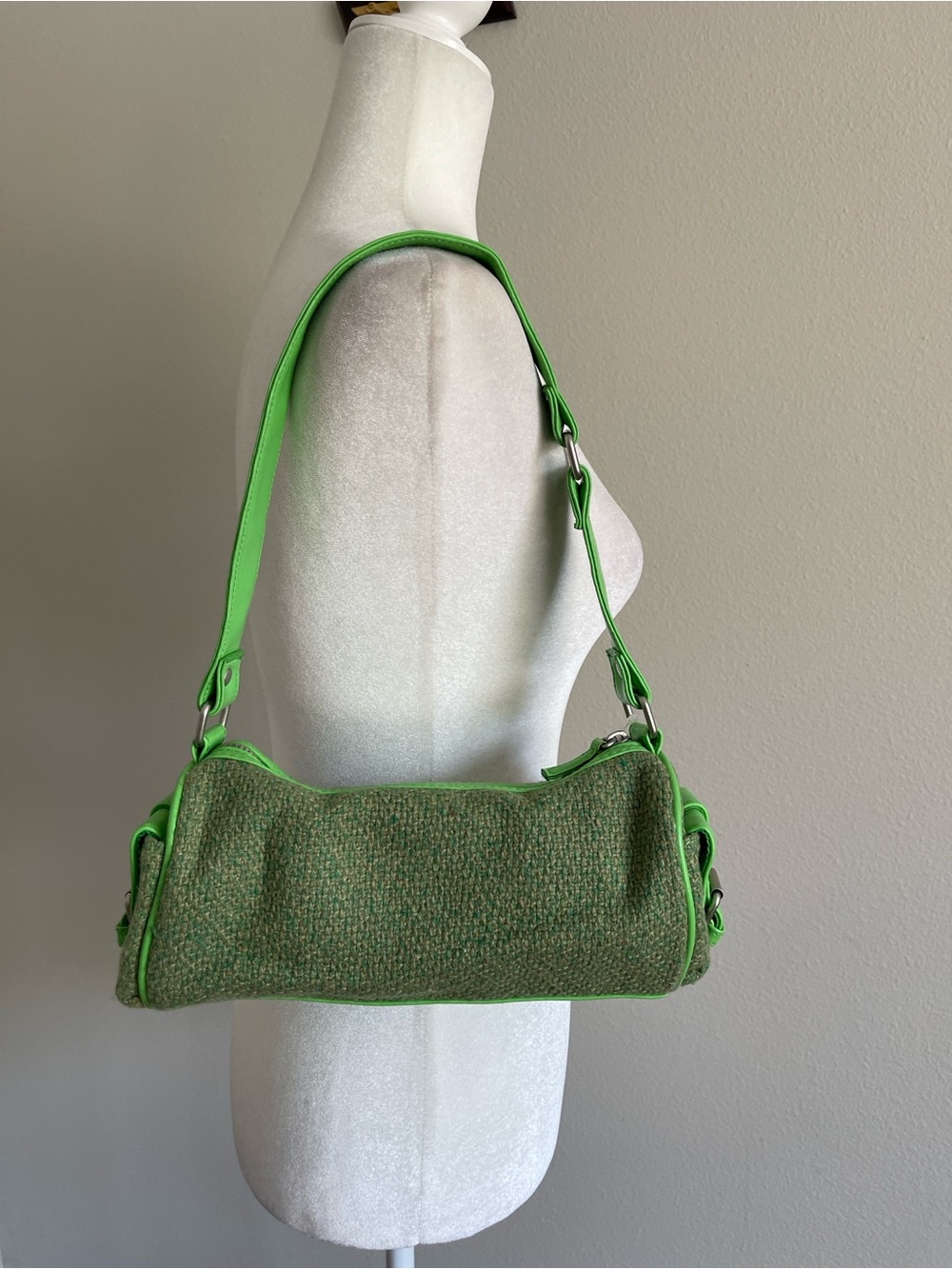 Green Tweed Shoulder Bag with Lime Trim